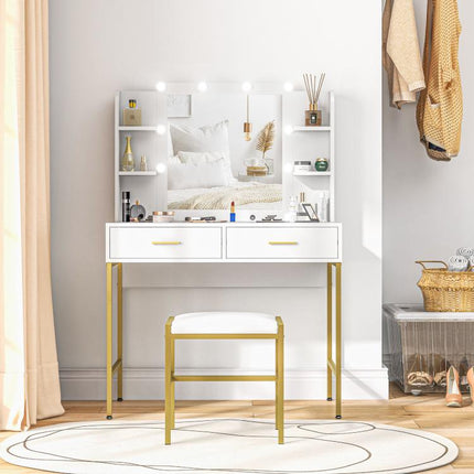 Dressing Table Set, with Storage and Stool - White