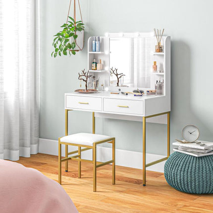 Dressing Table Set, with Storage and Stool - White