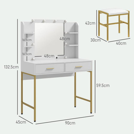 Dressing Table Set, with Storage and Stool - White
