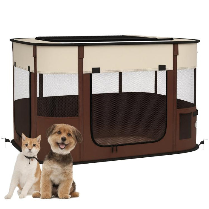 Foldable Dog Pen with Storage Bag for Indoor/Outdoor Use, Portable Pet playpen, with Ground Stakes - Brown