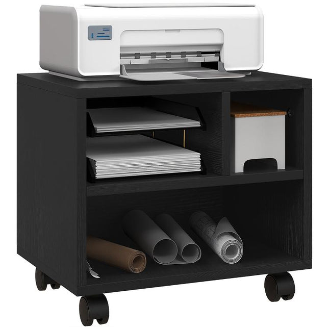 Three-Compartment Printer Cabinet, with Wheels - Black