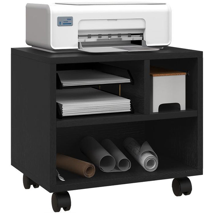 Three-Compartment Printer Cabinet, with Wheels - Black