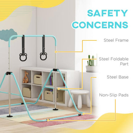 Adjustable Height, Foldable Kids Gymnastics Bar w/ Non-slip Rubber Floor Rings, for 3+ Years, Green