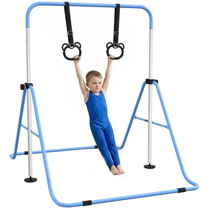 Adjustable Height, Foldable Kids Gymnastics Bar w/ Non-slip Rubber Floor Rings, for 3+ Years, Blue