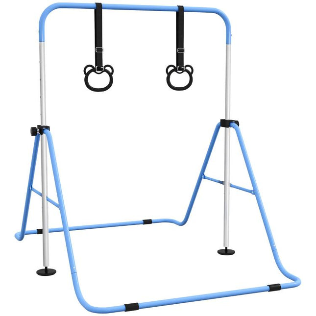 Adjustable Height, Foldable Kids Gymnastics Bar w/ Non-slip Rubber Floor Rings, for 3+ Years, Blue