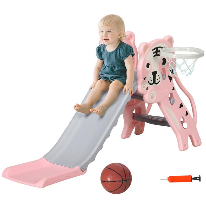 3 in 1 Baby Slide for Indoor Use with Climber, Basketball Hoop, Basketball, for Ages 18-36 Months - Pink