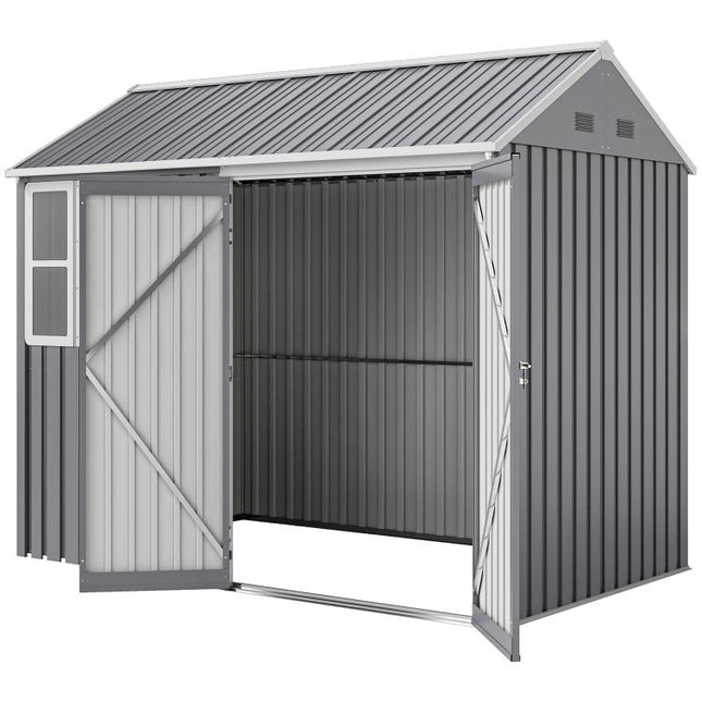 8 x 6 ft Galvanised Garden Shed, Outsoor Metal Storage Shed with Double Doors Window Air Vents for Patio, Lawn, Grey