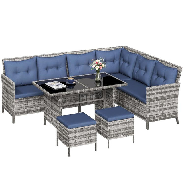 7-Seater Patio wicker Sofa Set Rattan Chair Furniture w/ Glass & Cushioned, Dark Blue