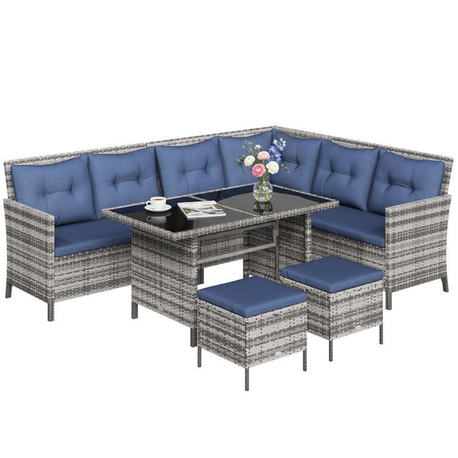 7-Seater Patio wicker Sofa Set Rattan Chair Furniture w/ Glass & Cushioned, Dark Blue