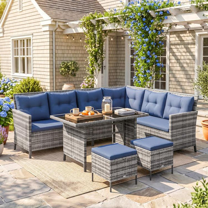 7-Seater Patio wicker Sofa Set Rattan Chair Furniture w/ Glass & Cushioned, Dark Blue