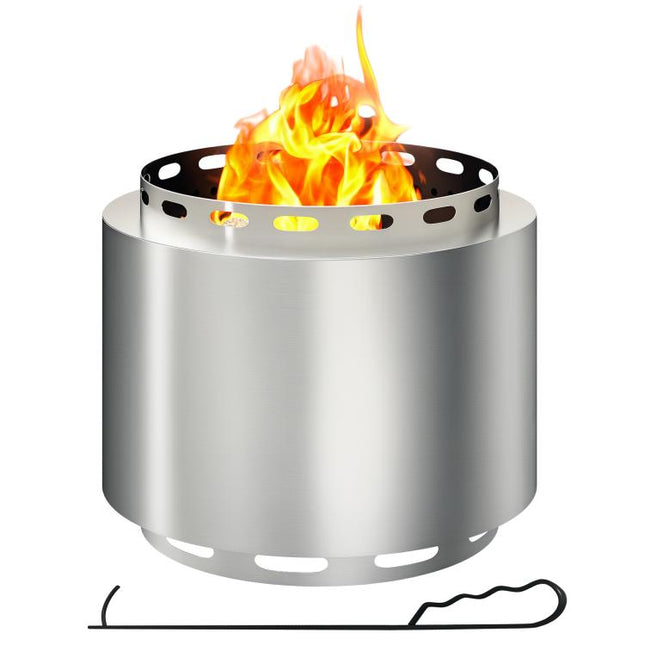 Smokeless Fire Pit, 48.5cm Portable Wood Burning Firepit with Poker for Garden Camping Bonfire Party, Stainless Steel, Silver