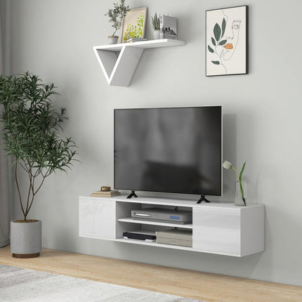 Floating TV Stand Cabinet for TVs up to 60 inch, Wall Mounted TV Unit with Open Shelf, Storage Cupboards and Cable Management for Living Room, White