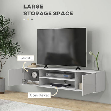 Floating TV Stand Cabinet for TVs up to 60 inch, Wall Mounted TV Unit with Open Shelf, Storage Cupboards and Cable Management for Living Room, White