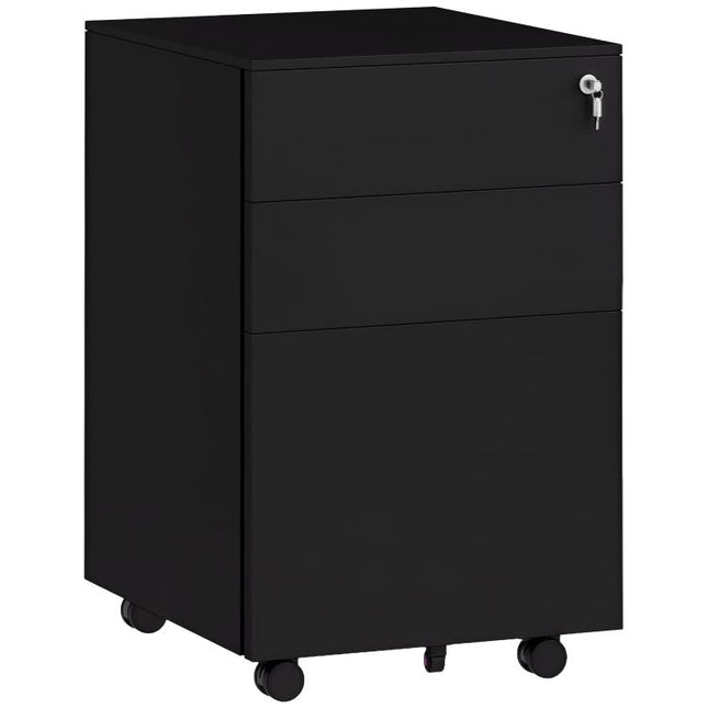 3-Drawer Vertical Filing Cabinet with Pencil Tray, Lock and 5 Wheels, Steel Mobile File Cabinet, for A4, Legal and Letter Size, Pre-Assembled Body, Black