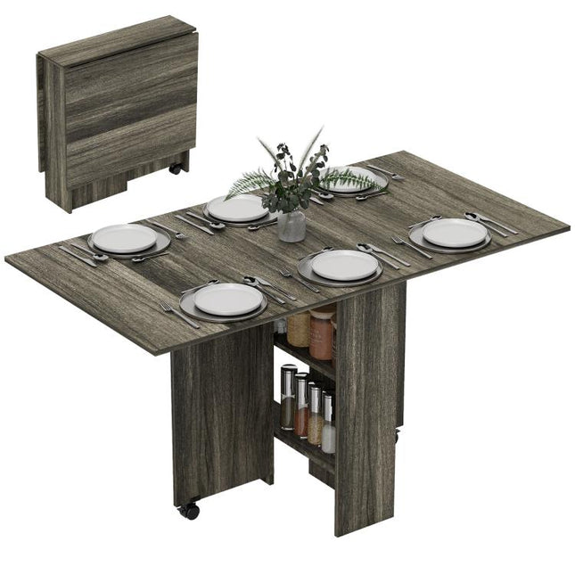 80-140 cm Folding Dining Table for 4-6 People, Drop Leaf Table with 2-Tier Shelves, Rolling Casters, for Small Spaces, Kitchen, Flat, Dining Room, Grey