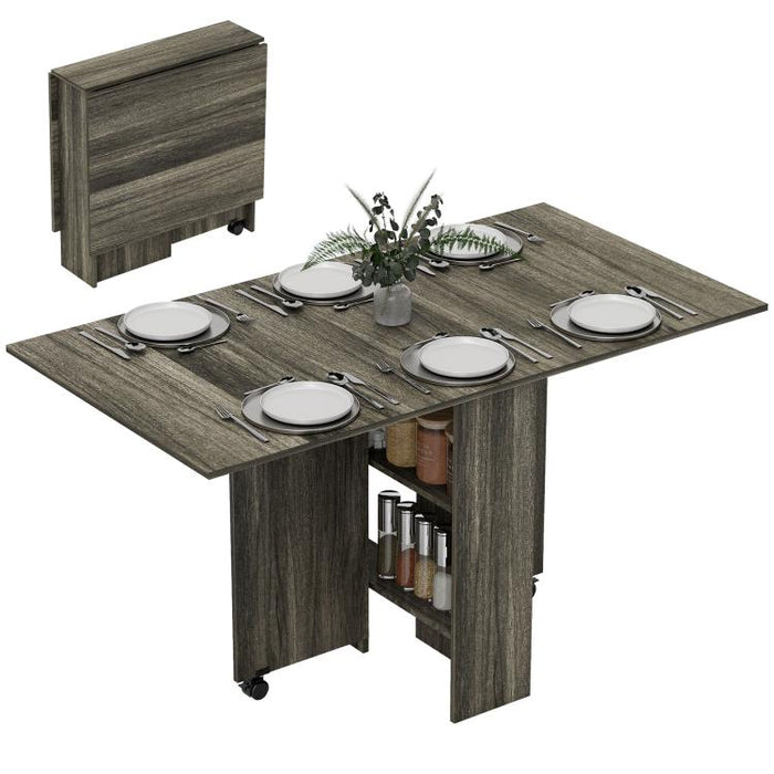 80-140 cm Folding Dining Table for 4-6 People, Drop Leaf Table with 2-Tier Shelves, Rolling Casters, for Small Spaces, Kitchen, Flat, Dining Room, Grey