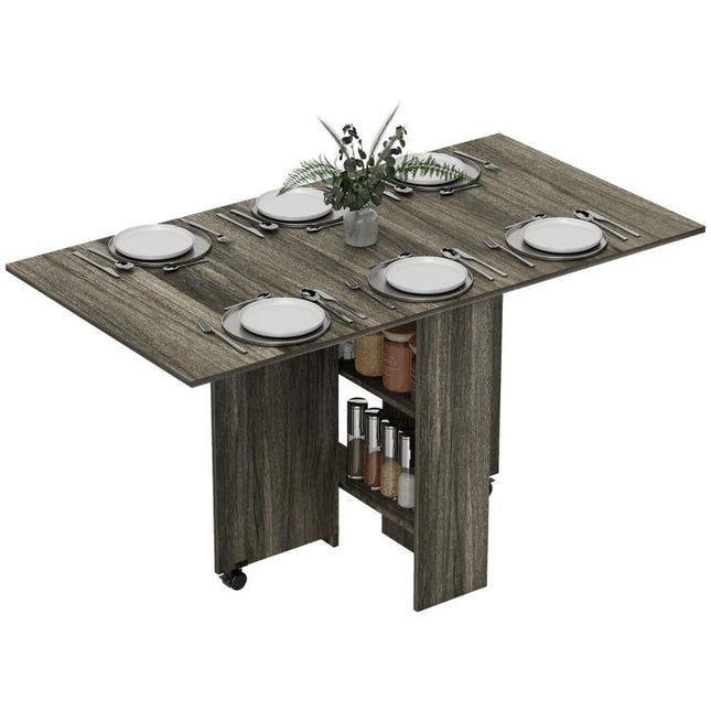 80-140 cm Folding Dining Table for 4-6 People, Drop Leaf Table with 2-Tier Shelves, Rolling Casters, for Small Spaces, Kitchen, Flat, Dining Room, Grey