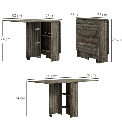 80-140 cm Folding Dining Table for 4-6 People, Drop Leaf Table with 2-Tier Shelves, Rolling Casters, for Small Spaces, Kitchen, Flat, Dining Room, Grey