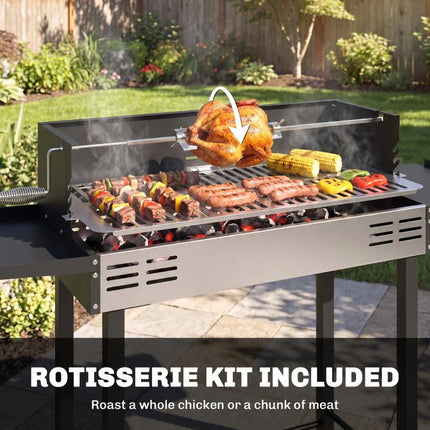BBQ Rotisserie Grill Roaster Charcoal Spit Roasting Machine for Chicken Turkey with 3-Level Grill Grate, Side Shelves