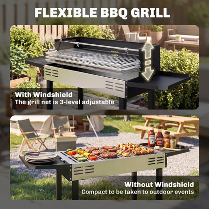 BBQ Rotisserie Grill Roaster Charcoal Spit Roasting Machine for Chicken Turkey with 3-Level Grill Grate, Side Shelves