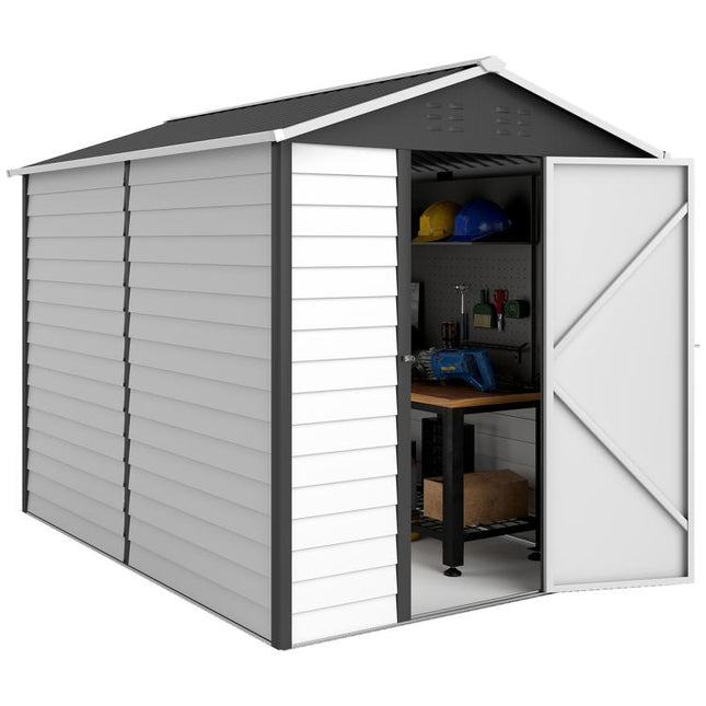 9x 6FT Metal Outdoor Garden Shed, Galvanised Tool Storage Shed w/ Sloped Roof, Lockable Door for Patio Lawn, Dark Grey