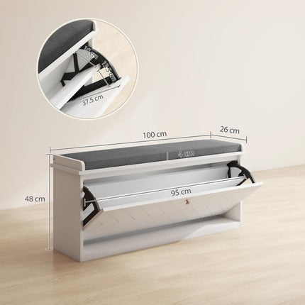 10-Shoe Storage Bench, with Padded Top Seat - White/Grey