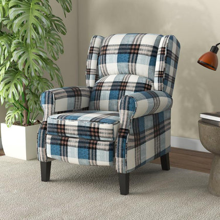 Wingback Reclining Chair Push Back Recliner Armchair for Living Room Bedroom with Footrest Armrests Wood Legs Blue