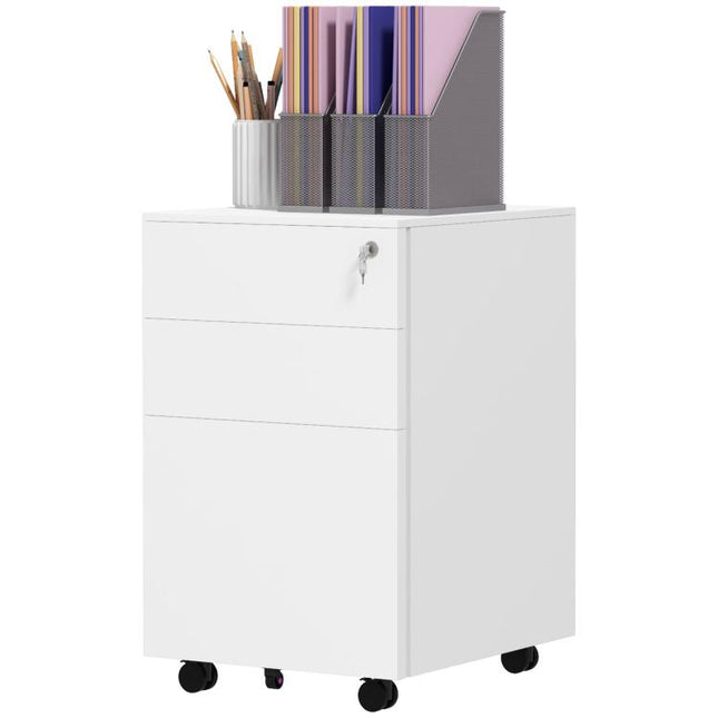 3-Drawer Vertical Filing Cabinet with Pencil Tray, Lock and 5 Wheels, Steel Mobile File Cabinet, for A4, Legal and Letter Size, Pre-Assembled Body, White