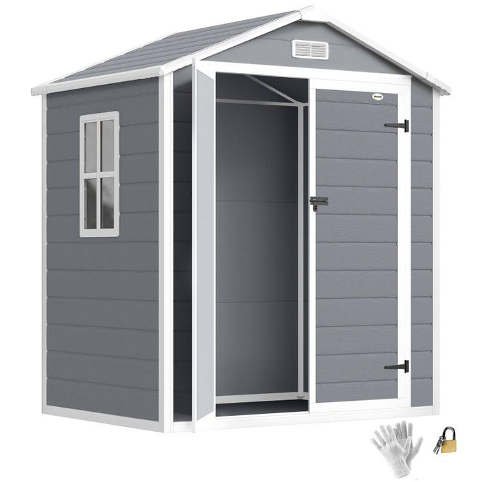 6 feetx4.5 feet Garden Storage Shed, Lockable Garden Shed with Double Doors, Window, Vent and Plastic Roof, Grey