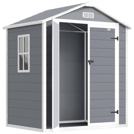 6 feetx4.5 feet Garden Storage Shed, Lockable Garden Shed with Double Doors, Window, Vent and Plastic Roof, Grey