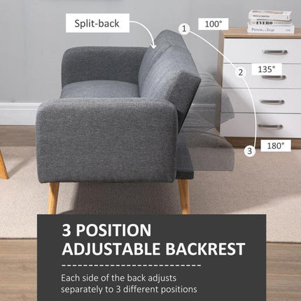 3 Seater Sofa Bed, Convertible Linen Fabric Sofa Couch, Click Clack Sofabed with Adjustable Split Backrest for Living Room, Bedroom, Guest Room, Grey