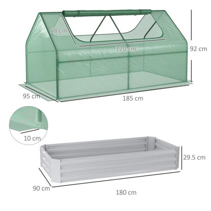 Raised Garden Bed with Greenhouse, Steel Planter Box with Plastic Cover, Roll Up Window, Dual Use for Flowers, Vegetables, Fruits and Herbs, 185L x 95W x 92H cm, Green