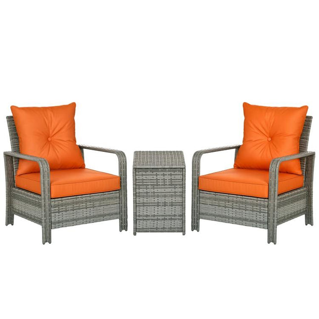 3 Pieces Rattan Bistro Set, Wicker Garden Furniture Set with 72 L Storage Coffee Table and Chairs, Orange