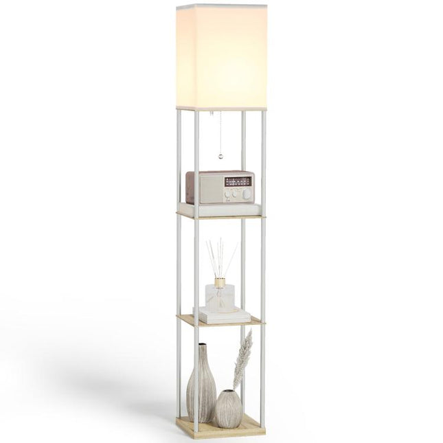 Modern Metal Floor Lamp with Shelves, 3 Layer Shelf Tall Standing Lamp with Fabric Lampshade, Pull Chain Switch for Living Room, Bedroom, Bulb not Included, White