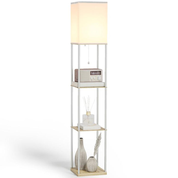 Modern Metal Floor Lamp with Shelves, 3 Layer Shelf Tall Standing Lamp with Fabric Lampshade, Pull Chain Switch for Living Room, Bedroom, Bulb not Included, White