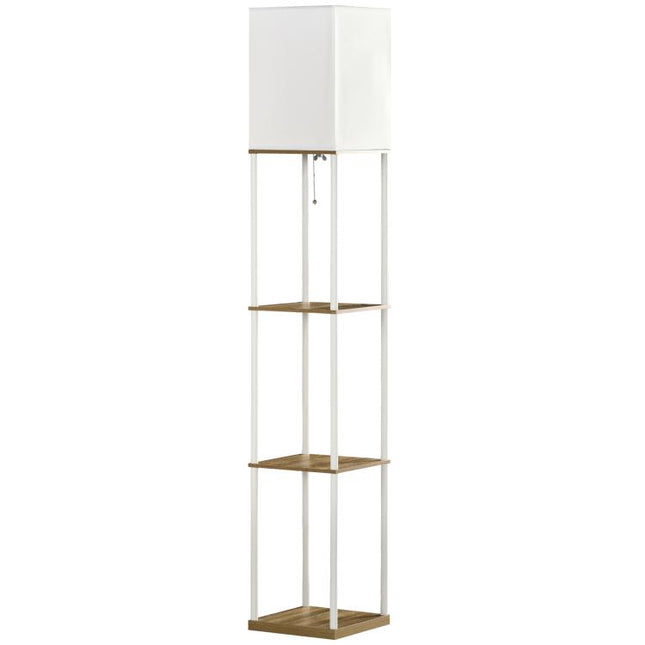 Modern Metal Floor Lamp with Shelves, 3 Layer Shelf Tall Standing Lamp with Fabric Lampshade, Pull Chain Switch for Living Room, Bedroom, Bulb not Included, White