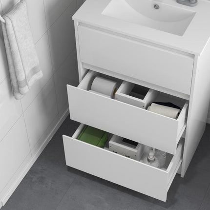 600mm Bathroom Vanity Unit with Basin and Single Tap Hole, High Gloss White Floor Standing Bathroom Sink Unit with 2 Drawers for Cloakroom