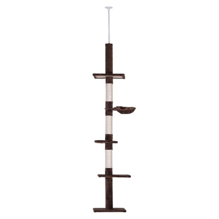 Floor to Ceiling Cat Tree 230-260cm Height Adjustable, 5-Tier Cat Tower with Scratching Posts, Hammock, Perches, Climbing Activity Centre for Indoor Kittens Playing and Relaxing, Brown