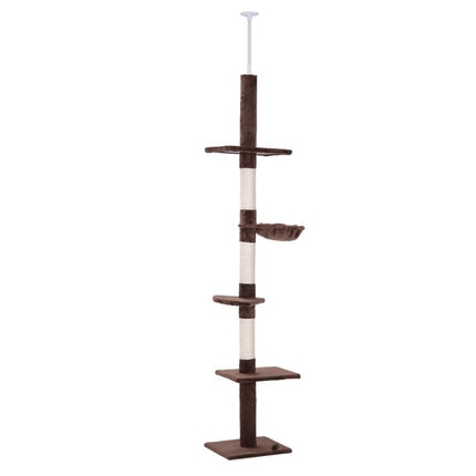 Floor to Ceiling Cat Tree 230-260cm Height Adjustable, 5-Tier Cat Tower with Scratching Posts, Hammock, Perches, Climbing Activity Centre for Indoor Kittens Playing and Relaxing, Brown