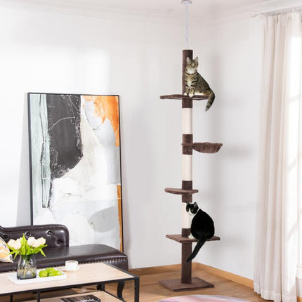 Floor to Ceiling Cat Tree 230-260cm Height Adjustable, 5-Tier Cat Tower with Scratching Posts, Hammock, Perches, Climbing Activity Centre for Indoor Kittens Playing and Relaxing, Brown