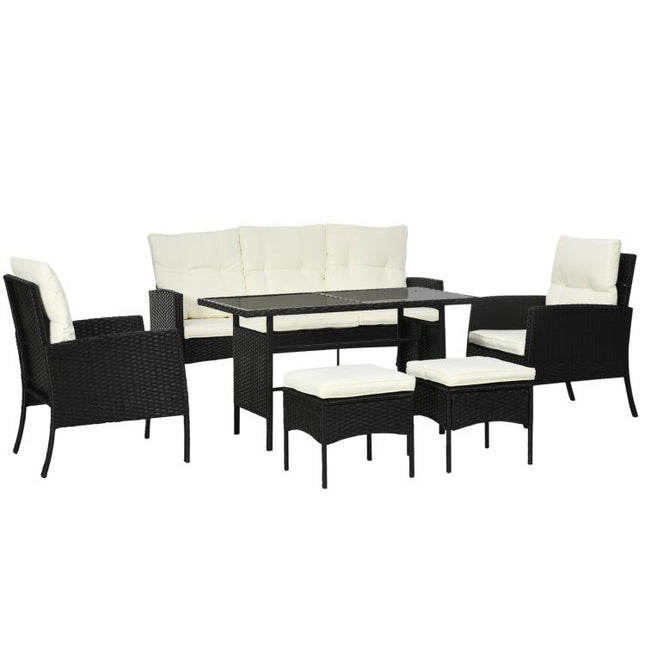 5 Seater Rattan Garden Furniture Set, 6 Piece Garden Sofa Set, Armchairs, 3-Seater Sofa, Footstools, Glass Dining Table, Cushions, Wicker Outdoor Furniture for Conservatory Patio, Cream