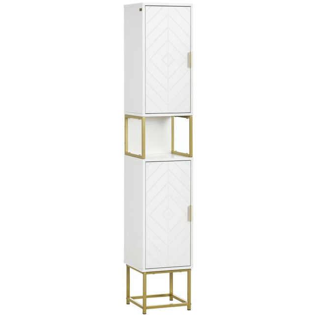 Narrow Bathroom Storage Cabinet, Freestanding Tallboy Storage Unit with Adjustable Shelf, 2 Doors and Steel Base, Slim Corner Organizer, White