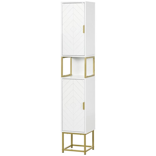 Narrow Bathroom Storage Cabinet, Freestanding Tallboy Storage Unit with Adjustable Shelf, 2 Doors and Steel Base, Slim Corner Organizer, White