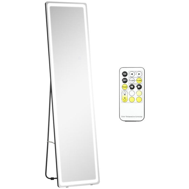 Full-Length Mirror, 160 x 40 cm, Wall Mounted, Freestanding Floor Mirror with LED Lights and Remote Control, Dimming & 3 Colour Modes, for Bedroom, Black