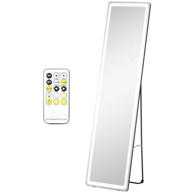 Full-Length Mirror, 160 x 40 cm, Wall Mounted, Freestanding Floor Mirror with LED Lights and Remote Control, Dimming & 3 Colour Modes, for Bedroom, Black