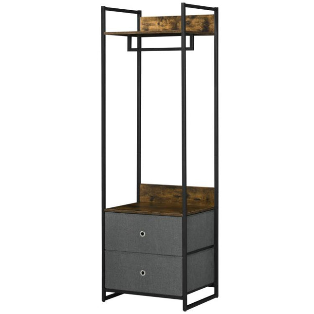 Clothes Rail, Metal Coat Stand, Garment Rack with 2 Fabric Storage Drawers, Single Wardrobe for Bedroom, Hallway, Rustic Brown and Grey