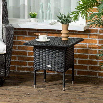 Rattan Side Table, Outdoor Coffee Table with Plastic Board Under the Full Woven Table Top for Patio, Garden, Balcony, Black