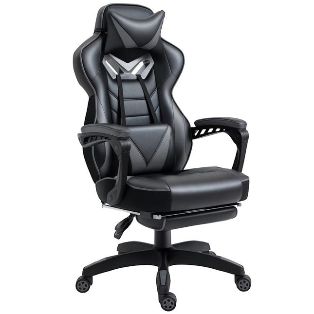 Computer Gaming Chair, Racing Desk Chair with Lumbar Support and Footrest, PU Leather Gamer Chair with Headrest and Swivel Wheels for Home, Grey