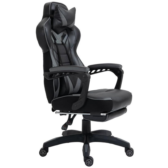 Computer Gaming Chair, Racing Desk Chair with Lumbar Support and Footrest, PU Leather Gamer Chair with Headrest and Swivel Wheels for Home, Grey