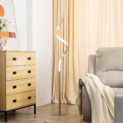 Dimmable Floor Lamp for Living Room, Modern Spiral Standing Lamp with 3 Adjustable Brightness and Square Base, Silver